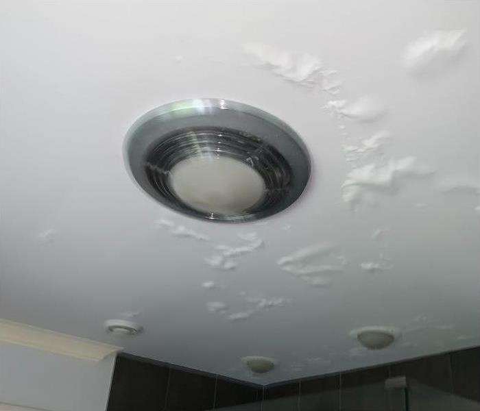 A ceiling with paint bubbles due to excessive water damage.